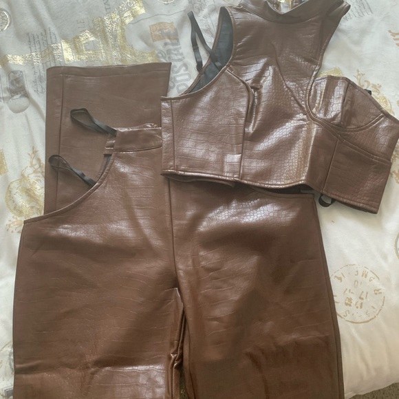 2 pc Faux Leather “Foxy” Brown Pants Set - Picture 4 of 5